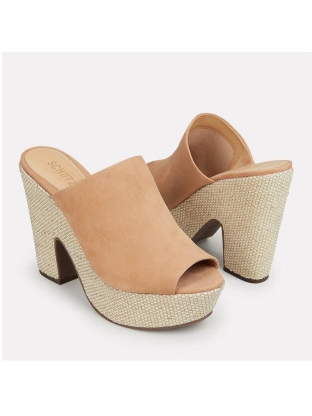 Schutz Dandara platform wedge/Honey Beige raffia nude suede sz 8
